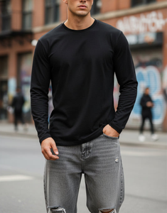 T-shirt à manches longues en tricot pour homme, col rond côtelé, vente en gros directe d'usine, logo personnalisé OEM, multicolore, haute qualité, 100% coton - Product Image 4