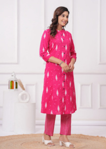 Women Pink Printed A-<b>Line</b> Cotton Kurti Set with <b>Pants</b>, V-Neck 3/4 Sleeve Ethnic Wear Casual Daily Wear Kurta Set for Women - Product Image 3