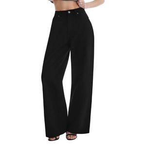 Custom <b>Plain</b> <b>Black</b> Solid Wide Leg Jeans Women Neat High Rise Heavy Cotton Relaxed Straight Comfortable <b>Trousers</b> - Product Image 1
