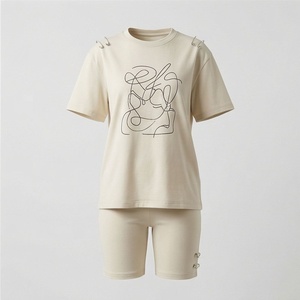 Women's 2 Piece <b>Knitted</b> <b>Set</b> Short Sleeve T Shirt and Above Knee Shorts With Hand Drawn Print Crew Neck Minimalist Style - Product Image 1