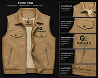 GURUNA Z INDUSTRY Rompi Pria Tanpa Lengan Bahan PU Logo Bordir Saku Resleting Depan Tahan Angin Jaket Semua Musim