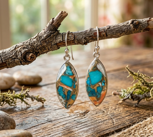 Blue Orange Oyster Copper Turquoise Large <b>Earrings</b> 925 Silver Rose <b>Gold</b> & Yellow <b>Gold</b> Plated Handmade Statement Boho Jewelry Her - Product Image 4