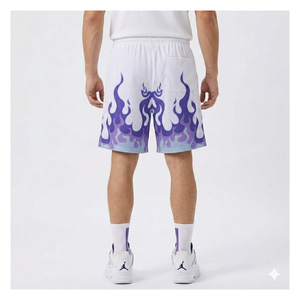 Shorts de basket-ball en maille blanche pour hommes, avec imprimé flamme violette, taille à cordon de serrage, vêtements de sport décontractés, pantalons courts respirants - Product Image 4