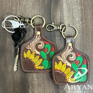 2026 Handmade Tooled Leather Cowhide Keychain Sunflower Cactus Western <b>Key</b> Fob Rustic Floral Car <b>Key</b> Holder Gift for Women Men - Product Image 1