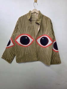 <b>Women</b>’s Mustard Velvet Eye Embroidered Jacket Handmade Boho Artistic <b>Outerwear</b> - Product Image 1