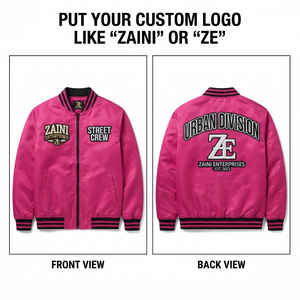 เสื้อแจ็คเก็ตบอมเบอร์ผู้ชาย ผ้าโพลีเอสเตอร์ซาตินพรีเมียม 120 GSM สีชมพู-ดำ แต่งขอบยางถัก ปักโลโก้ตามสั่ง สไตล์สตรีทแวร์ แจ็คเก็ตวาร์ซิตี้ พรีเมียม - Product Image 1