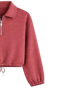 เสื้อฮู้ดครอปซิป ¼ ตัวสำหรับผู้หญิง สีแดง ผ้าฟลีซ ปรับชายเสื้อได้ สไตล์ลำลอง สตรีทแวร์ อุ่นสบาย แฟชั่นฤดูหนาว - Product Image 3