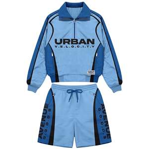 ชุดเซ็ตเสื้อแจ็คเก็ตและกางเกงขาสั้นผ้าโพลีทริคอตหนา 240 GSM สีดำ-เทา พร้อมโลโก้ สำหรับผู้ชาย - Product Image 5