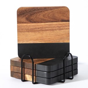 Teak Wood Coaster Set with <b>Black</b> Steel <b>Frame</b> | Handcrafted Minimalist Design Wholesale - Product Image 1