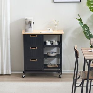 Carrello da Cucina a Tre Cassetti e Tre Ripiani con Maniglia Color Bronzo, 76*37*84cm, Piano in Legno Verniciato Nero - Product Image 2