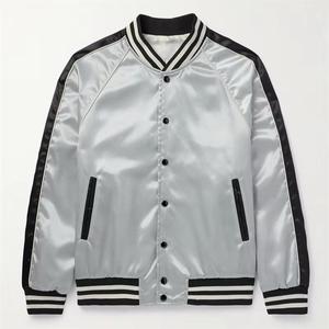 <b>Men's</b> Silver Varsity <b>Jacket</b> With Black Trim Regular Fit Casual Bomber Coat Turn-down Collar Polyester Material Autumn Wear - Product Image 1