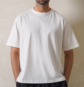 T-shirt pour homme en coton blanc à col rond, manches courtes, coupe classique, couleur unie, style décontracté, épaules tombantes - Product Image 2