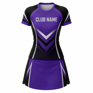 Conjunto Deportivo de Tenis para Mujer, Sublimado Personalizado, Morado y Negro, Manga Corta, Cuello Redondo, Estampado Geométrico, Secado Rápido, Poliéster - Product Image 1