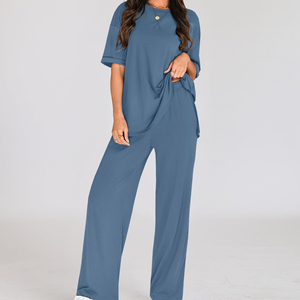 Premium Quality Co-ord Women's <b>Knit</b> <b>Set</b> Trending Relaxed Fit Top Wide Leg Pants Casual Solid Loose For Summer Women's <b>Sets</b> - Product Image 6