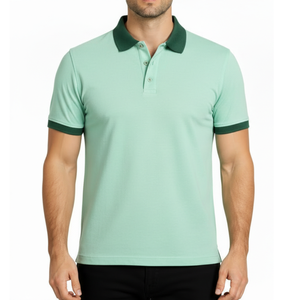 Polo de hombre verde menta de alta demanda, cuello en contraste verde bosque, corte ajustado, manga corta, para golf - Product Image 1