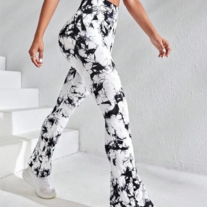 Pantalones acampanados de punto sin costuras para mujer, con efecto tie-dye, cintura alta, levantamiento de glúteos, para fitness, gimnasio, yoga, ciclismo, ajustados y a la moda. - Product Image 1