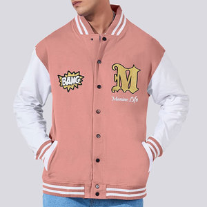 Veste universitaire rose pour homme avec logo M brodé et patch Bang, style preppy, coupe classique, col rabattu, simple boutonnage - Product Image 1