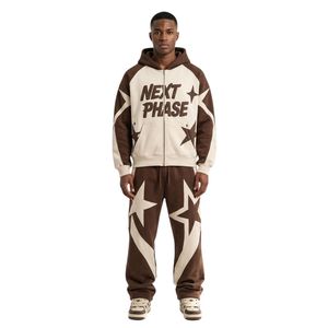 Ensemble de survêtement streetwear pour homme en molleton de coton beige marron personnalisé avec impression en relief, coupe ample, comprenant un sweat à capuche et un pantalon de jogging - Product Image 1