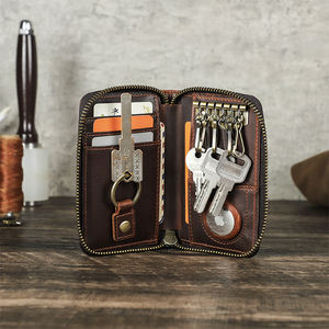 Vintage PU Leather Car Key <b>Holder</b> with <b>Wallet</b> Card Slots RFID Blocking Zipper Closure Letter Pattern Low Cost - Product Image 1