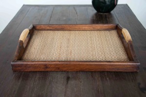 Plateau à thé en bois - Bois dur et tapisserie en bambou - Plateau de service pour le thé ou le pique-nique - Plateau de service de style ottoman fait main par HWC - Product Image 2