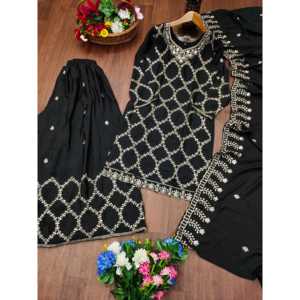 Conjuntos de mujer de diseñador traje bordado Chinon Sharara con bordado de secuencia - Product Image 1