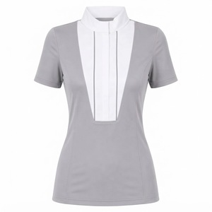 Camiseta de equitación para mujer, manga corta, con bloques de color, cuello con cremallera, decoración de cristales, transpirable, de spandex/poliéster - Product Image 4