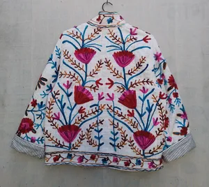 <b>White</b> Multicolor Floral TNT Cotton Suzani Embroidered Boho <b>Jacket</b> with Striped Lining Open Front Artisan <b>jacket</b> - Product Image 4