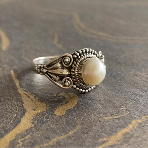 Handcrafted 925 Sterling <b>Silver</b> <b>Ring</b> Featuring Round White Pearl Bold Statement <b>Boho</b> Chic Jewelry - Product Image 3
