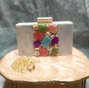 Custom Name Initial Acrylic Resin <b>Clutch</b> Storage Bag Luxury <b>Pink</b> Marble Evening Purse Crystal Embellished Bridal Wedding Handbag - Product Image 3