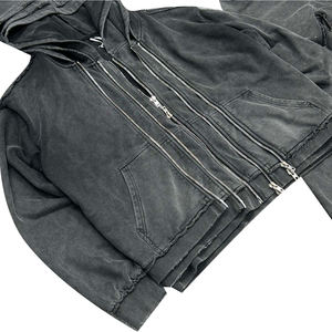 Acid Washed Men's Zip Heavyweight Winter Hoodies 100% Cotton Fleece Multi-Layer Distressed Embroidery <b>Streetwear</b> - Product Image 3