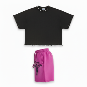 Ensemble T-shirt et short streetwear noir et rose, col rond, manches courtes, imprimé, unisexe, tenue décontractée d'été - Product Image 2