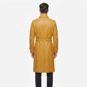 <b>Men's</b> Genuine Leather <b>Long</b> Double Breasted Button Trench <b>Coat</b> with Belt Premium Quality - Product Image 2