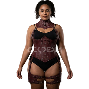 Burgundy Leather <b>Gothic</b> <b>Corset</b> with Harness Plus Size Medium Control Underbust Shape Daily Use Hole Detail & Front Logo - Product Image 1