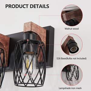 18-Inch Vintage Industrial <b>Wall</b> Sconce 3-<b>Lights</b> Black Cage Fixture <b>Wooden</b> Accents for Bathroom Living Room-Bulb Not Included - Product Image 6