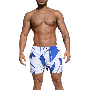Short de bain géométrique bleu et blanc pour hommes, séchage rapide, short de plage, taille élastique avec cordon de serrage, maillot de bain d'été, short de surf - Product Image 1