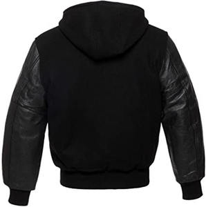 Chaqueta Varsity Negra con Capucha para Hombre, Mangas de Cuero PU, Cierre de un Solo Botón, Chaqueta Formal de Invierno, Resistente al Viento, de Nailon - Product Image 6