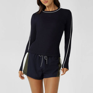Solid Color Elastic Long Sleeve <b>Compression</b> Gym Shirt Women Muscle Fit Workout Tight Shirt Wide Neck Spandex/Polyester Fabric - Product Image 3