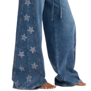 Vaqueros anchos de mezclilla lavada para mujer, transpirables, de cintura media, con estrellas de diamantes de imitación, estilo casual y urbano, pantalones de largo completo - Product Image 5