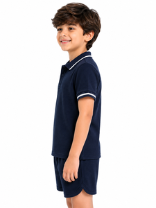 Conjunto de Polo Azul Marino para Niños, Camiseta y Pantalones Cortos de Mezcla de Algodón Texturizado, Atuendo Combinado, Ropa Cómoda de Verano, Premium para Niños - Product Image 4