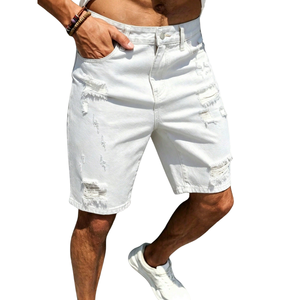 <b>Mens</b> <b>White</b> Denim Shorts Regular Fit Ripped Distressed Breathable Cotton Casual Summer Fashion Knee Length Five Pocket Design - Product Image 1