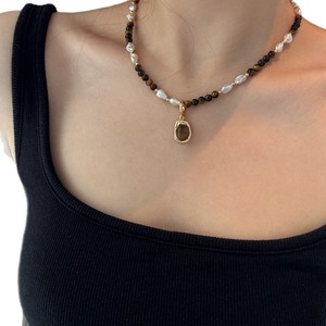 Collar de Perlas Barrocas de Agua Dulce con Piedra Ojo de Tigre Estilo Retro Mirad para Mujer, Cadena de Clavícula Color Ámbar - Product Image 5