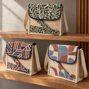 Bolsa de mensajero de yute estampada |   Bolso Bandolera Ecológico con Cierre, Diseño de Solapa Personalizado, Correa con Logotipo, Venta al Por Mayor para Mujer - Product Image 4