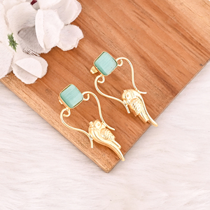 Handmade Gold Plated Green Cat's Eye Gemstone Brass Earrings Trendy Fashion <b>Statement</b> Jewelry for Women - Product Image 3