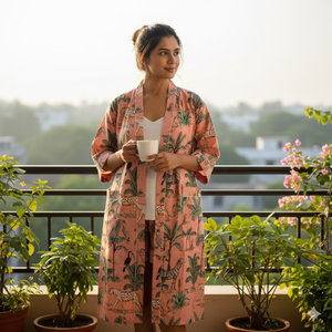 Peignoir Kimono en Coton Artisanal pour Femme, Col en V, Manches Longues, Imprimé Jungle, avec Ceinture à Cordon, Vêtement de Nuit et d'Intérieur, Vente en Gros - Product Image 6