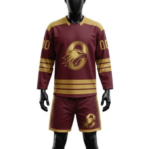 Conjunto de Camiseta y Pantalones Cortos de Hockey sobre Hielo Sublimados en Color Borgoña para Hombre, Cuello en V, Poliéster, Uniforme Deportivo Estampado, Ropa de Entrenamiento para Equipo - Product Image 1
