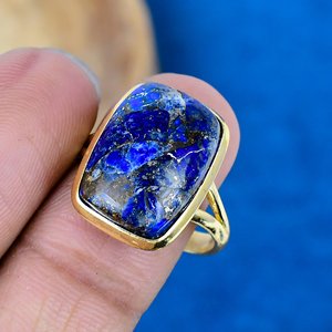 Bague artisanale en lapis-lazuli naturel, pierre précieuse en forme de coussin, plaqué or 18 carats sur argent sterling 925 - Product Image 3