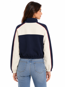 Premium <b>Women's</b> Color Block Cropped Bomber <b>Jacket</b> Full Zip Casual Sweatshirt <b>Jacket</b> Navy Blue White Contrast Lightweight Fashion - Product Image 3