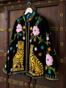 Luxurious Feel Tiger Embroidered <b>Velvet</b> Jacket Black Floral Boho <b>Coat</b> Artisan Suzani Everyday Bohemian Looks Statement Outerwear - Product Image 4
