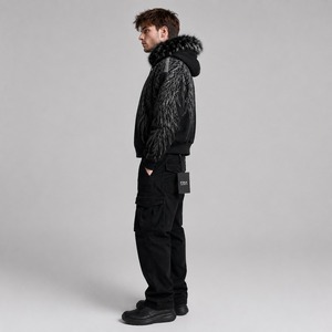Sudadera con Capucha Negra para Hombre, con Ribete de Piel, Patrón de Alas Bordadas en Blanco, Estilo Deportivo Invernal, con Pedrería, 100% Algodón, Ecológica - Product Image 3