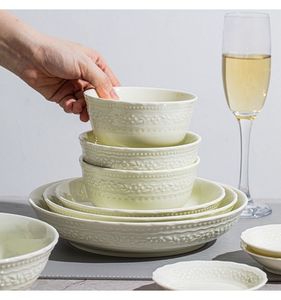 Ineeman Mambo Green French Design Tableware Series Embossed Petal Pattern Underglaze BPA Free Porcelain Durable <b>Dinnerware</b> <b>Sets</b> - Product Image 1